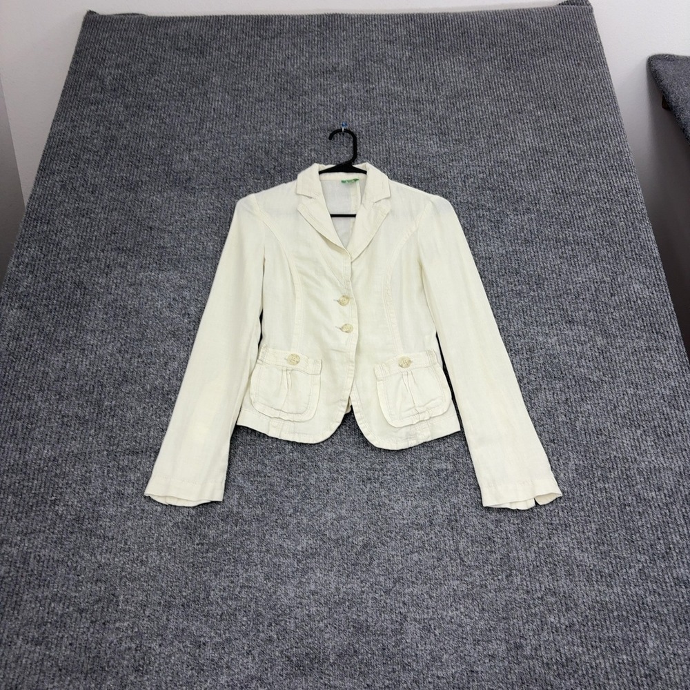 United Colors of Benetton Blazer Womens 38 Ivory Linen Button Up Workwear Casual